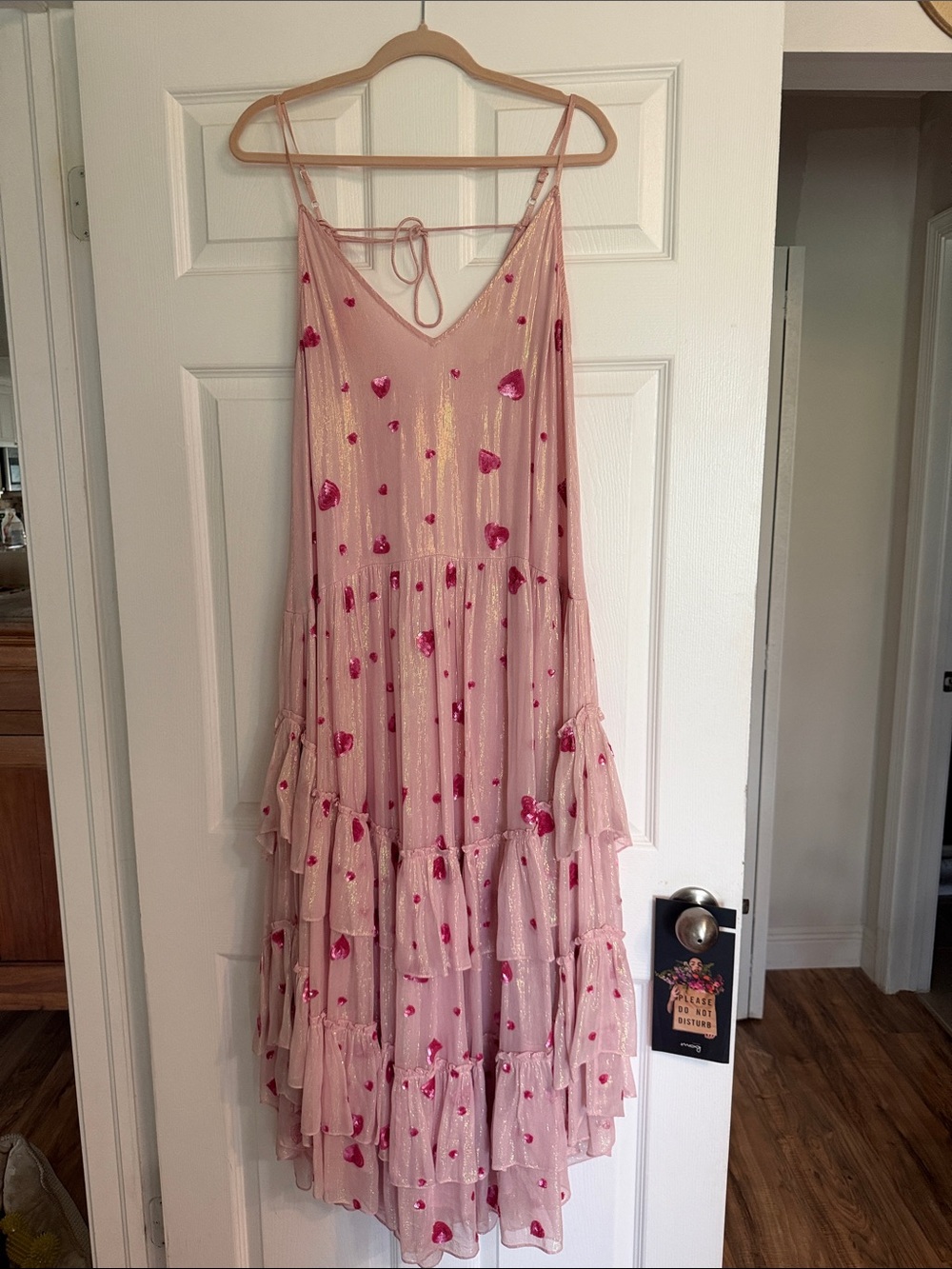 Rococo Sand Pink Layered Midi Dress with Metallic Accents and Hot Pink Hearts
